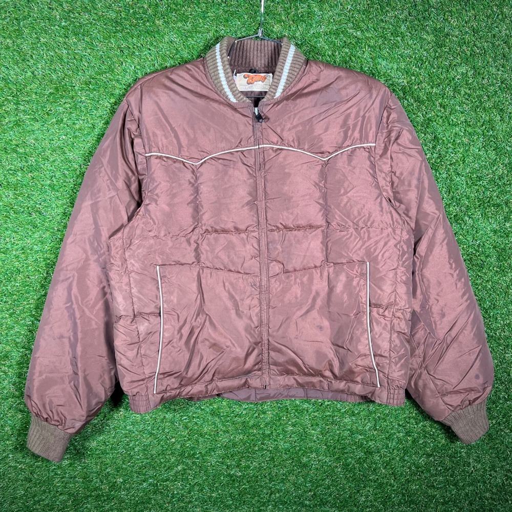 Vintage Comfy Down Puffer Jacket Brown Western Piping Bomber Made in USA